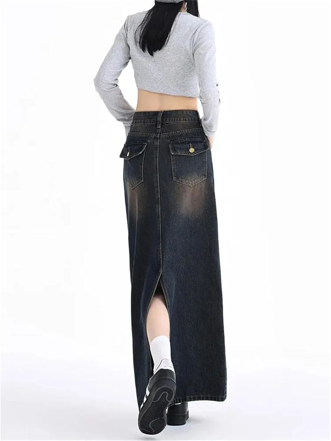 Women's Retro High Waist A Line Long Skirts Washed Cargo Denim Slit Skirt Streetwear
