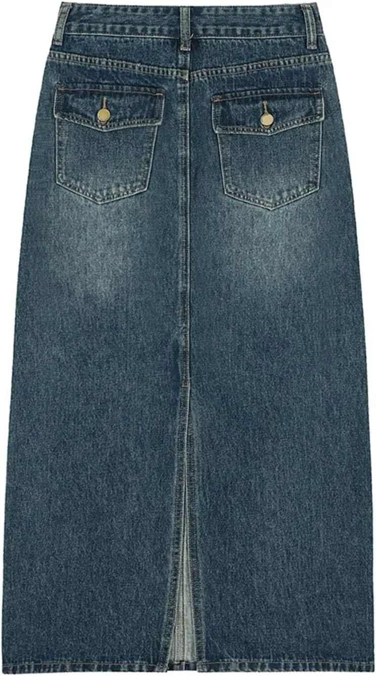 Women's Retro High Waist A Line Long Skirts Washed Cargo Denim Slit Skirt Streetwear