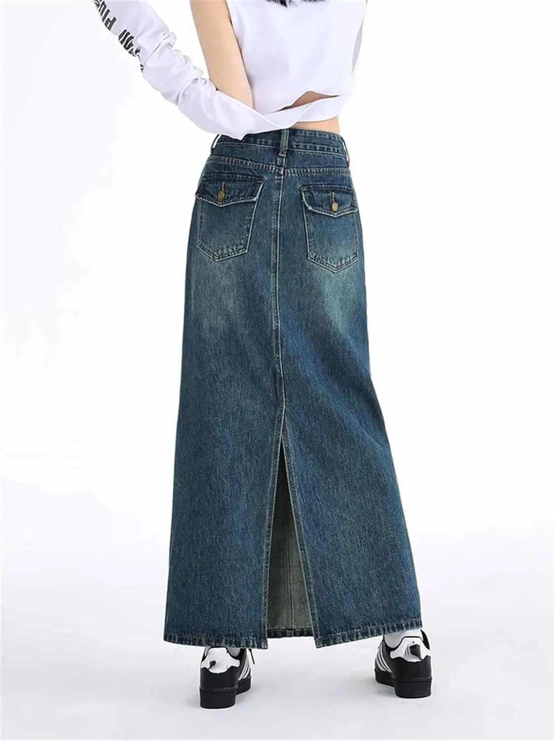 Women's Retro High Waist A Line Long Skirts Washed Cargo Denim Slit Skirt Streetwear