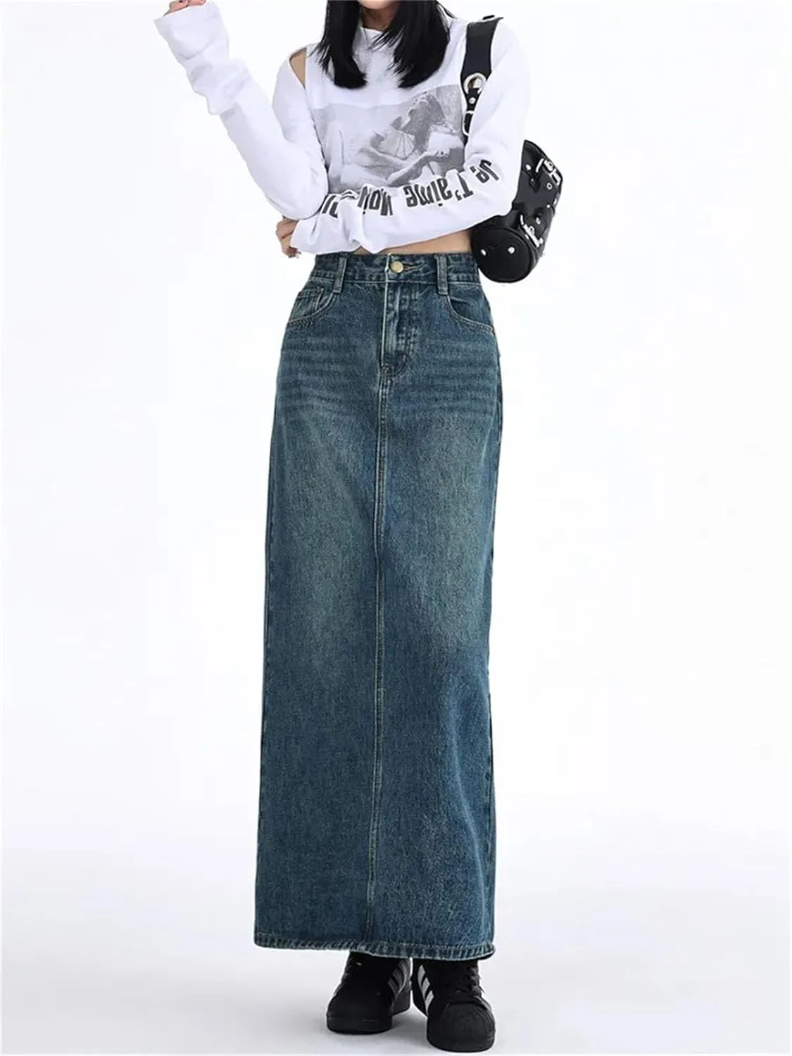 Women's Retro High Waist A Line Long Skirts Washed Cargo Denim Slit Skirt Streetwear
