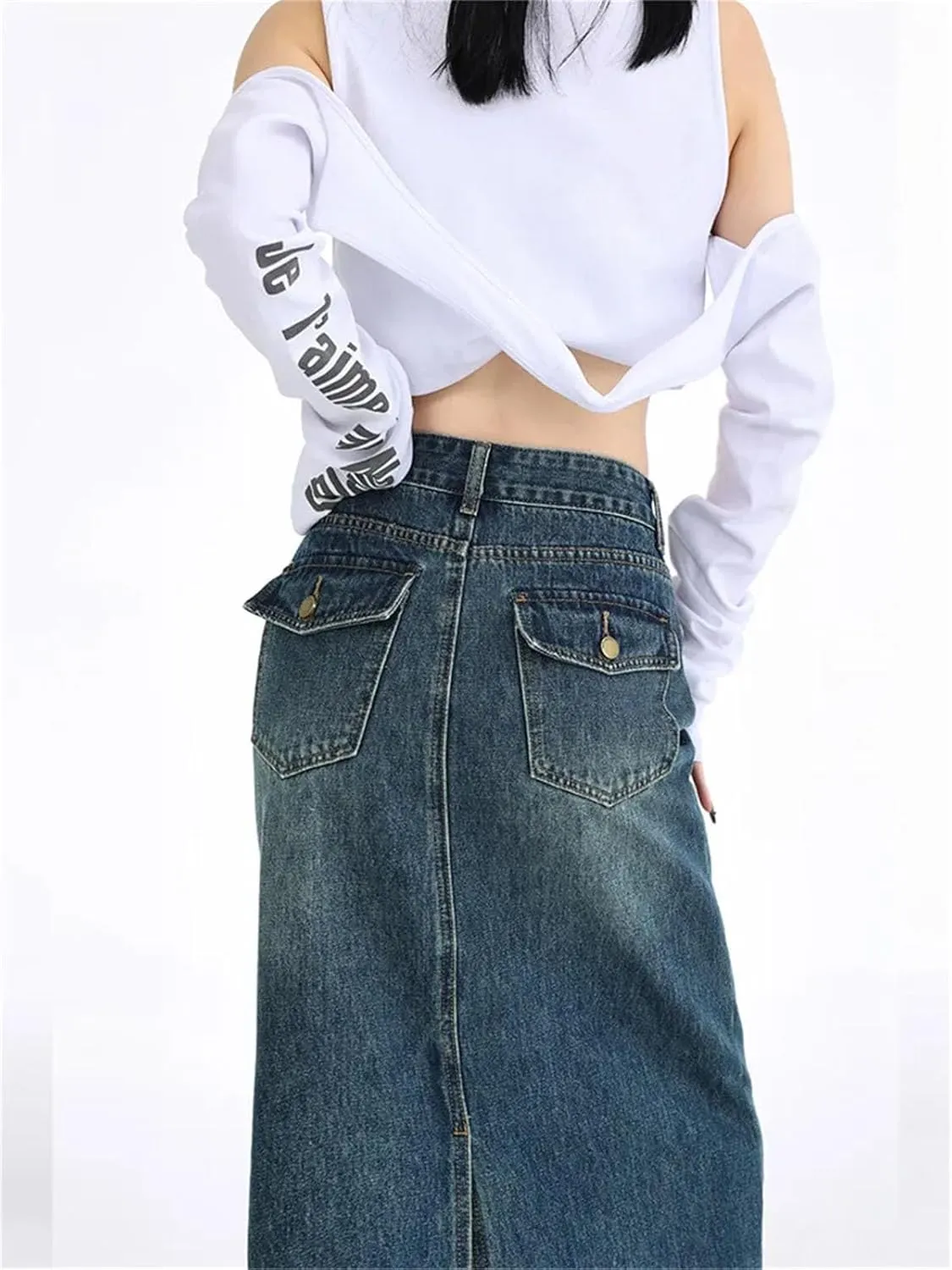 Women's Retro High Waist A Line Long Skirts Washed Cargo Denim Slit Skirt Streetwear