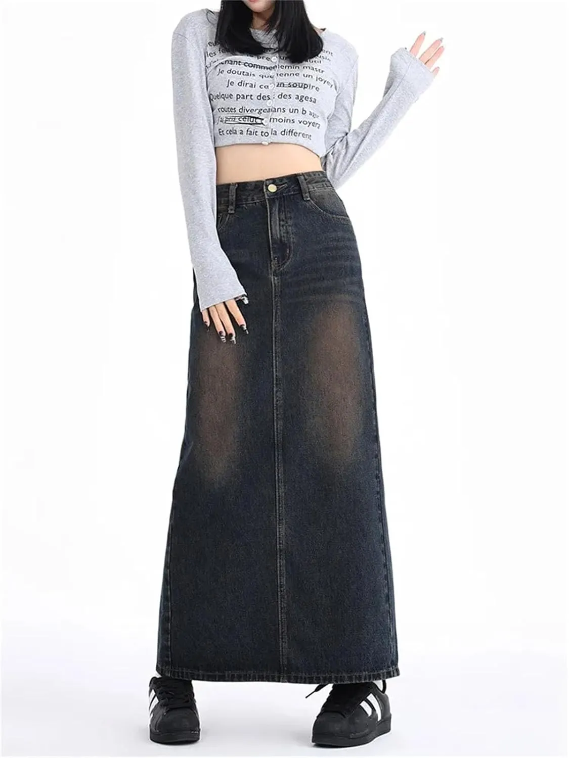 Women's Retro High Waist A Line Long Skirts Washed Cargo Denim Slit Skirt Streetwear