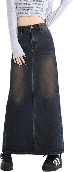 Women's Retro High Waist A Line Long Skirts Washed Cargo Denim Slit Skirt Streetwear