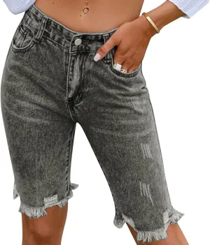 Women's Ripped Bermuda Shorts High Waisted Denim Shorts Ripped Distressed Jean Shorts