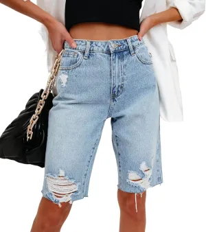 Women's Ripped Bermuda Shorts High Waisted Denim Shorts Ripped Distressed Jean Shorts