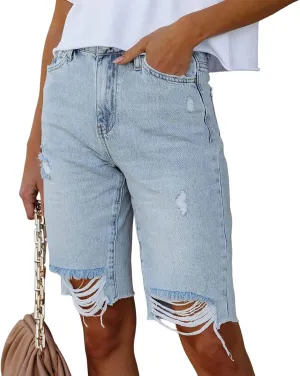 Women's Ripped Bermuda Shorts High Waisted Denim Shorts Ripped Distressed Jean Shorts