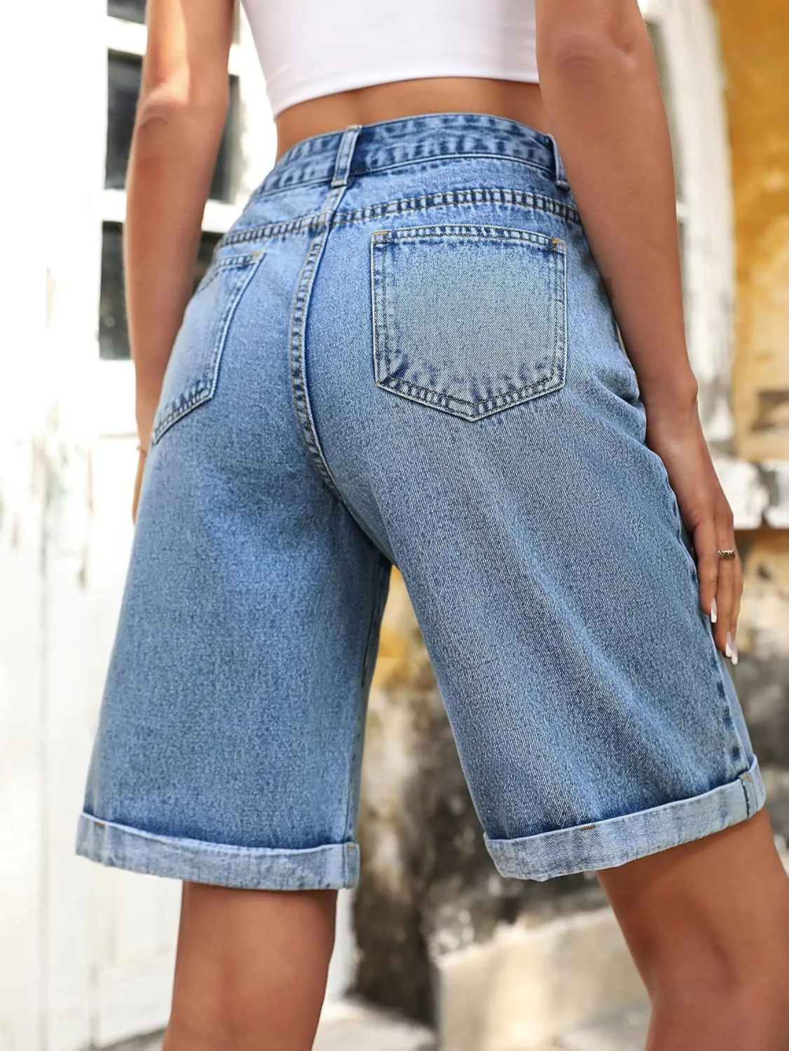 Women's Ripped Bermuda Shorts High Waisted Denim Shorts Ripped Distressed Jean Shorts