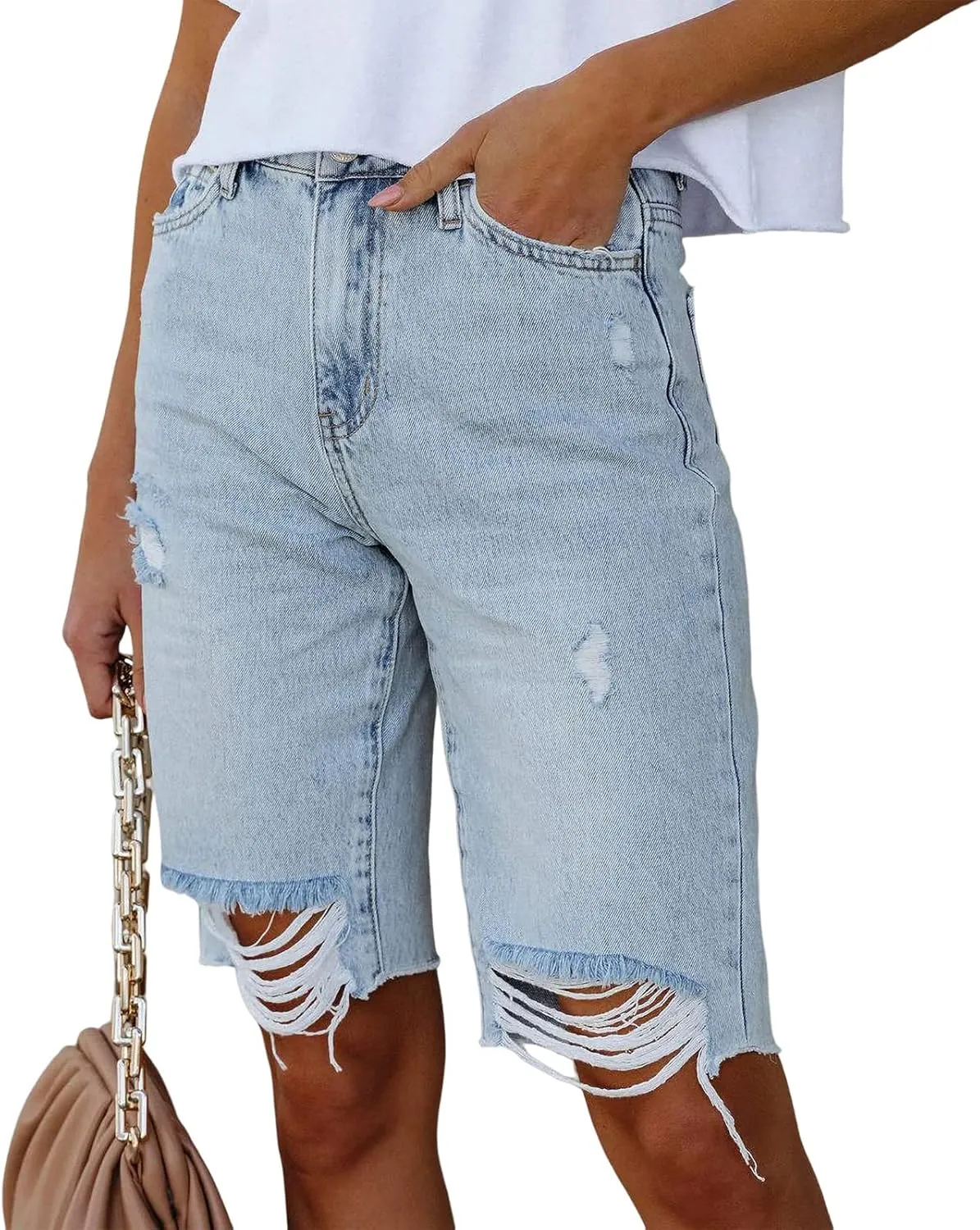 Women's Ripped Bermuda Shorts High Waisted Denim Shorts Ripped Distressed Jean Shorts