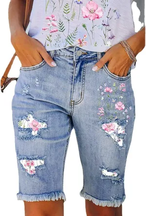 Women's Ripped Bermuda Shorts High Waisted Denim Shorts Ripped Distressed Jean Shorts