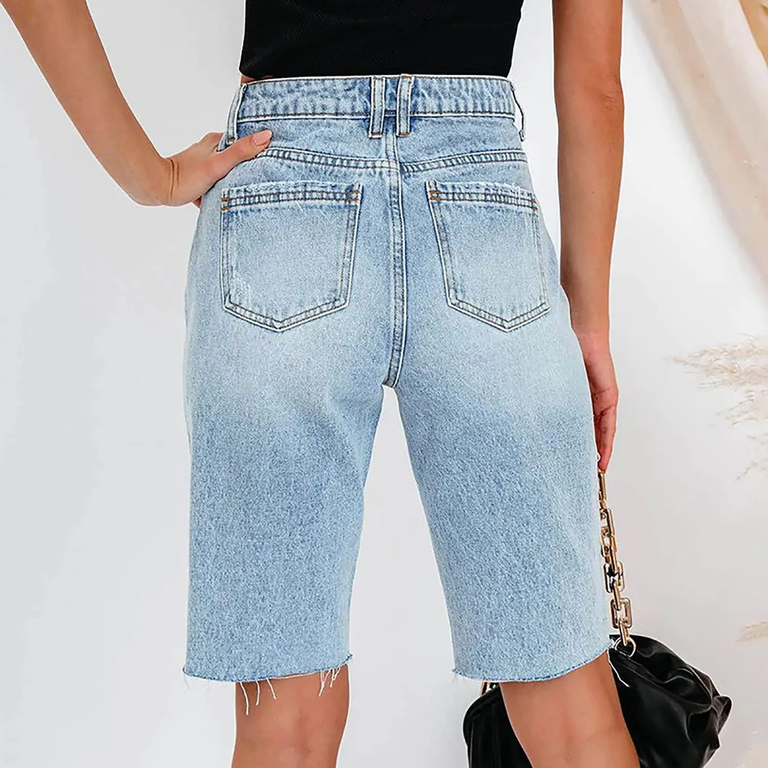 Women's Ripped Bermuda Shorts High Waisted Denim Shorts Ripped Distressed Jean Shorts