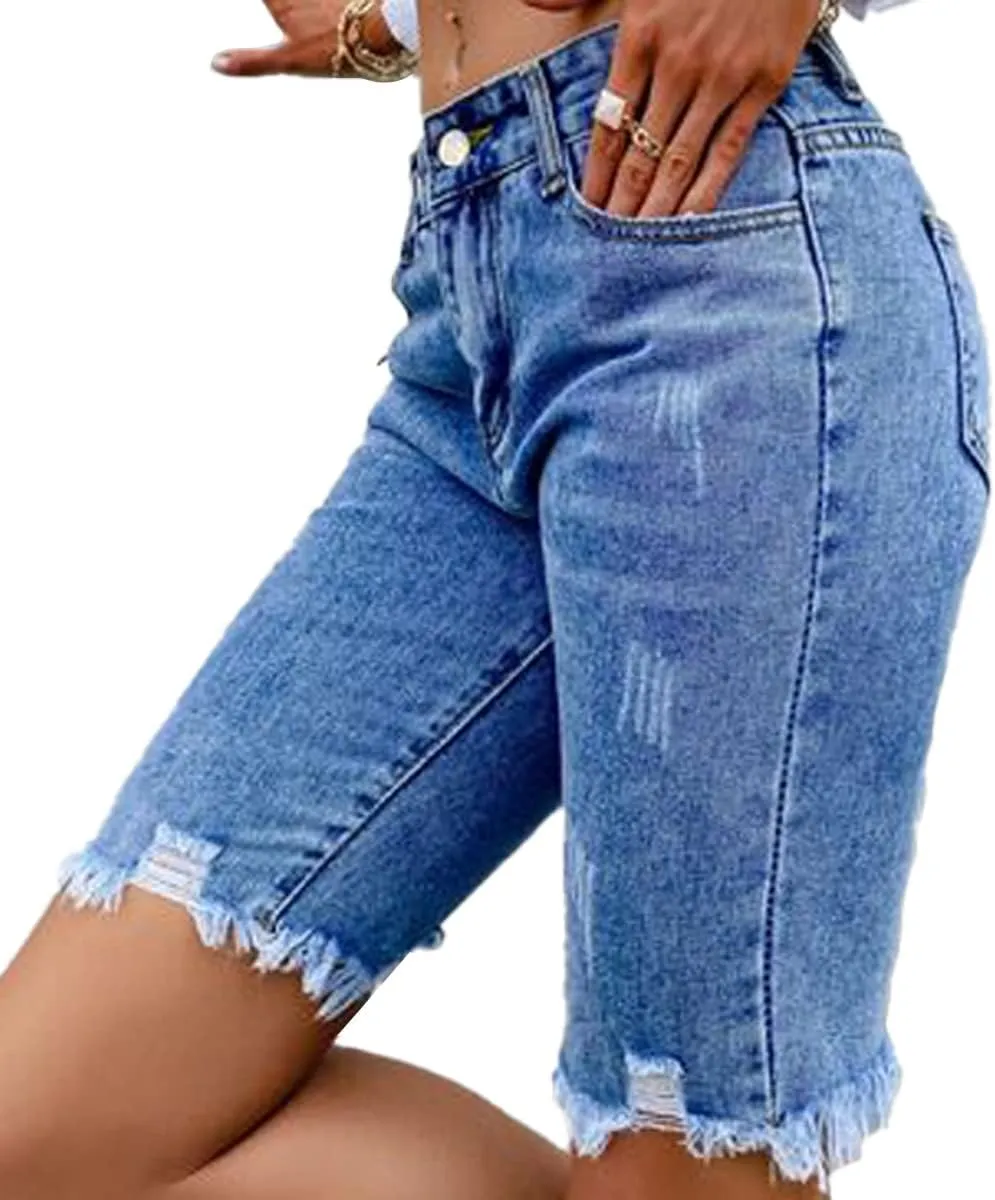 Women's Ripped Bermuda Shorts High Waisted Denim Shorts Ripped Distressed Jean Shorts