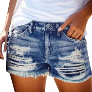 Womens Ripped Denim Shorts Mid Rise Distressed Jean Shorts Casual Summer Stretchy Shorts Jeans Frayed Raw Hem Shorts