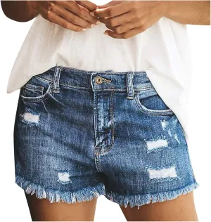 Women's Ripped Denim Shorts Summer Mid Rise Distressed Jean Shorts Y2k Vintage Stretchy Shorts Skinny Hot Pants