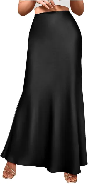 Women's Satin Maxi Skirts High Waisted Elegant Skirts Dressy Elasticized Flare Skirt Swing Cocktail Party Mermaid Skirt