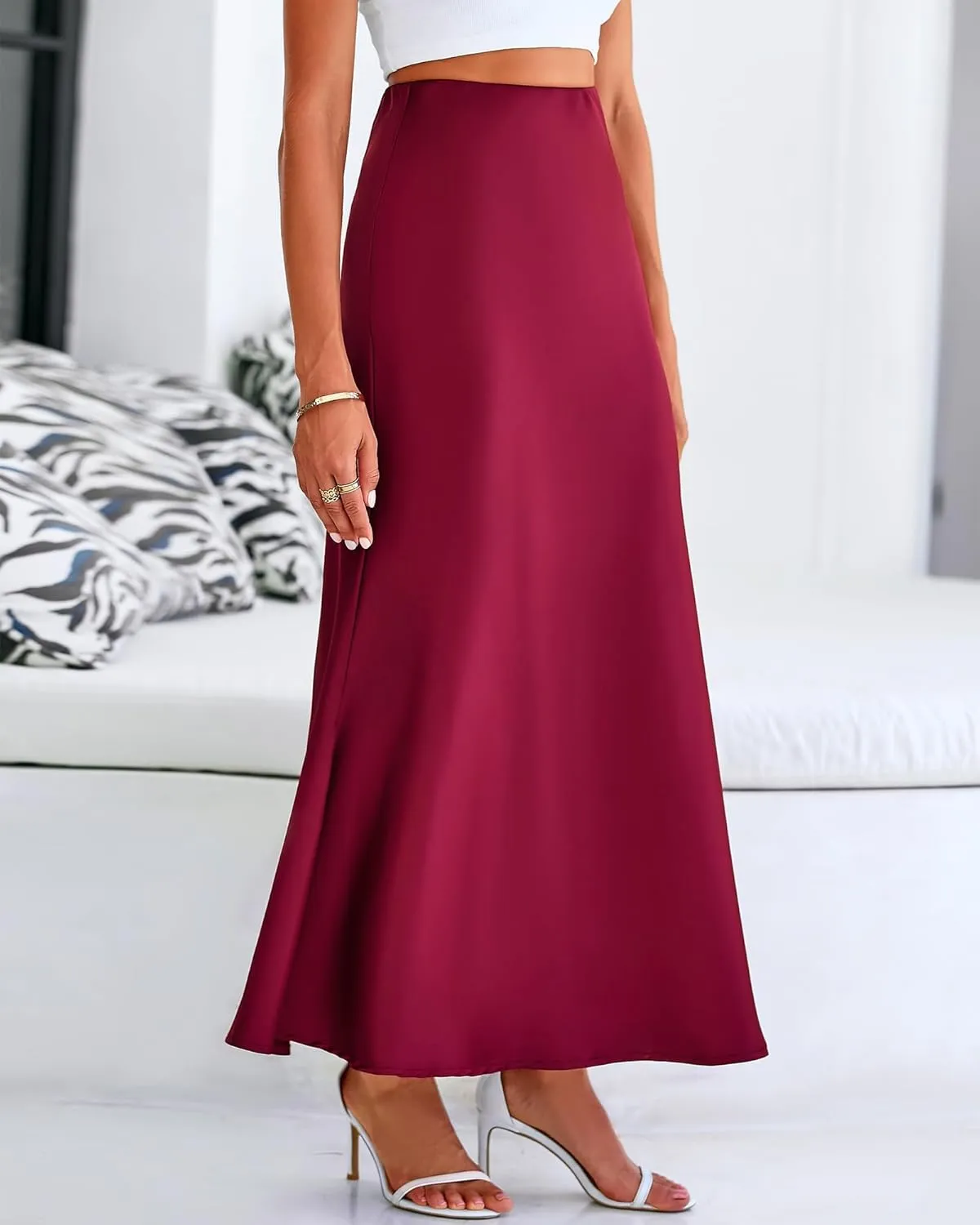 Women's Satin Maxi Skirts High Waisted Elegant Skirts Dressy Elasticized Flare Skirt Swing Cocktail Party Mermaid Skirt