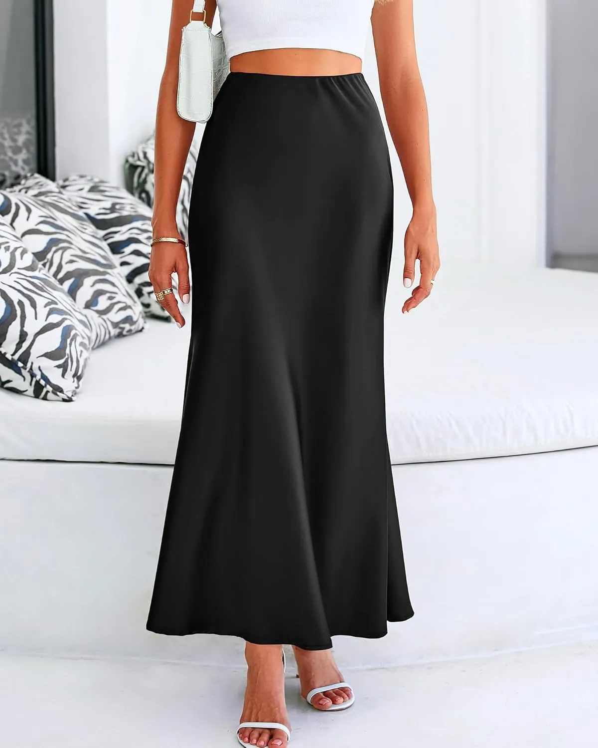 Women's Satin Maxi Skirts High Waisted Elegant Skirts Dressy Elasticized Flare Skirt Swing Cocktail Party Mermaid Skirt
