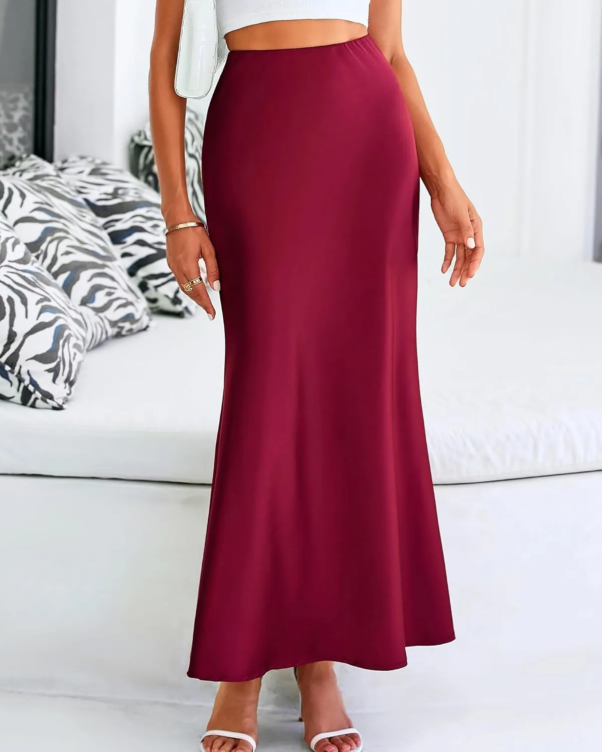 Women's Satin Maxi Skirts High Waisted Elegant Skirts Dressy Elasticized Flare Skirt Swing Cocktail Party Mermaid Skirt
