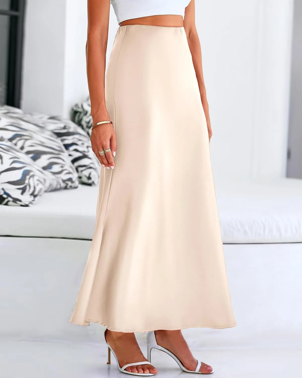 Women's Satin Maxi Skirts High Waisted Elegant Skirts Dressy Elasticized Flare Skirt Swing Cocktail Party Mermaid Skirt