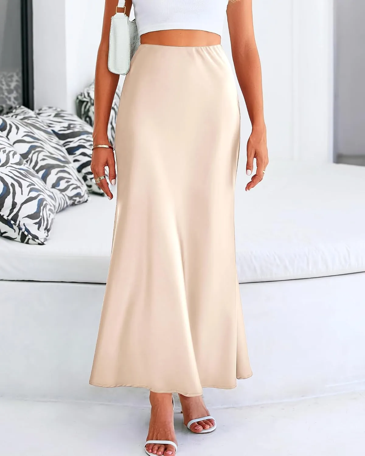 Women's Satin Maxi Skirts High Waisted Elegant Skirts Dressy Elasticized Flare Skirt Swing Cocktail Party Mermaid Skirt