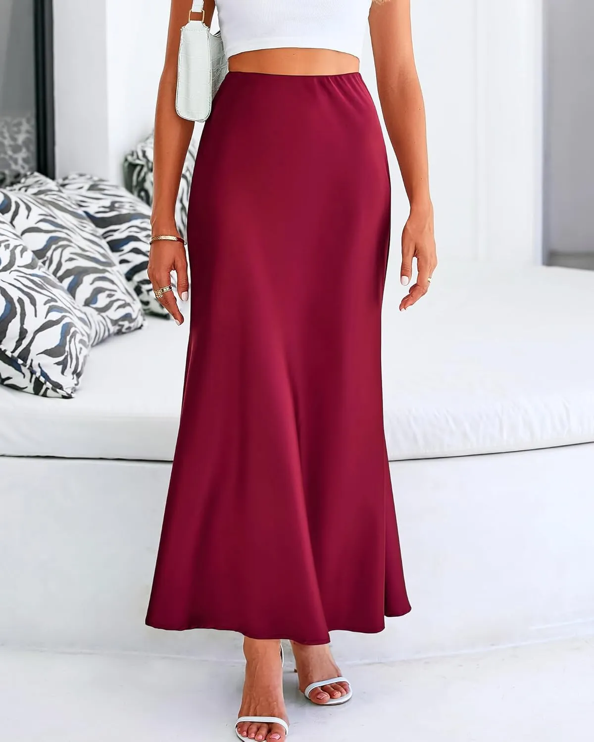 Women's Satin Maxi Skirts High Waisted Elegant Skirts Dressy Elasticized Flare Skirt Swing Cocktail Party Mermaid Skirt