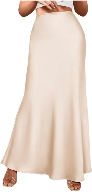 Women's Satin Maxi Skirts High Waisted Elegant Skirts Dressy Elasticized Flare Skirt Swing Cocktail Party Mermaid Skirt