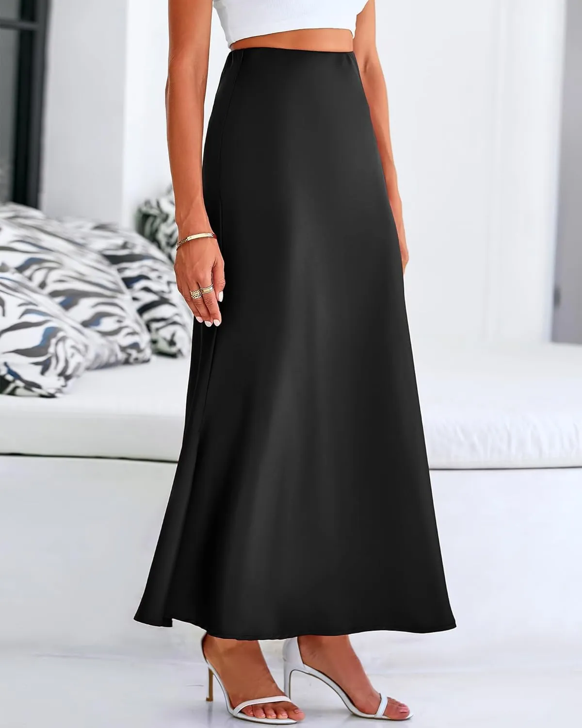 Women's Satin Maxi Skirts High Waisted Elegant Skirts Dressy Elasticized Flare Skirt Swing Cocktail Party Mermaid Skirt