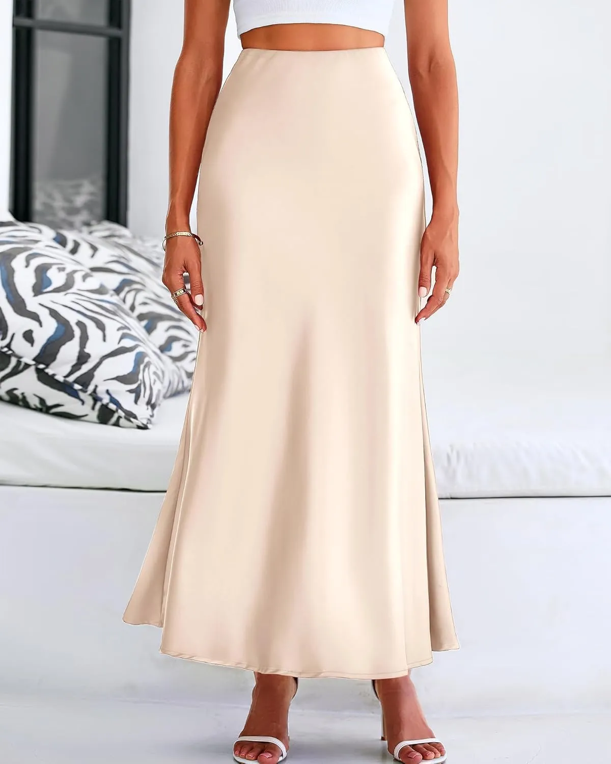 Women's Satin Maxi Skirts High Waisted Elegant Skirts Dressy Elasticized Flare Skirt Swing Cocktail Party Mermaid Skirt
