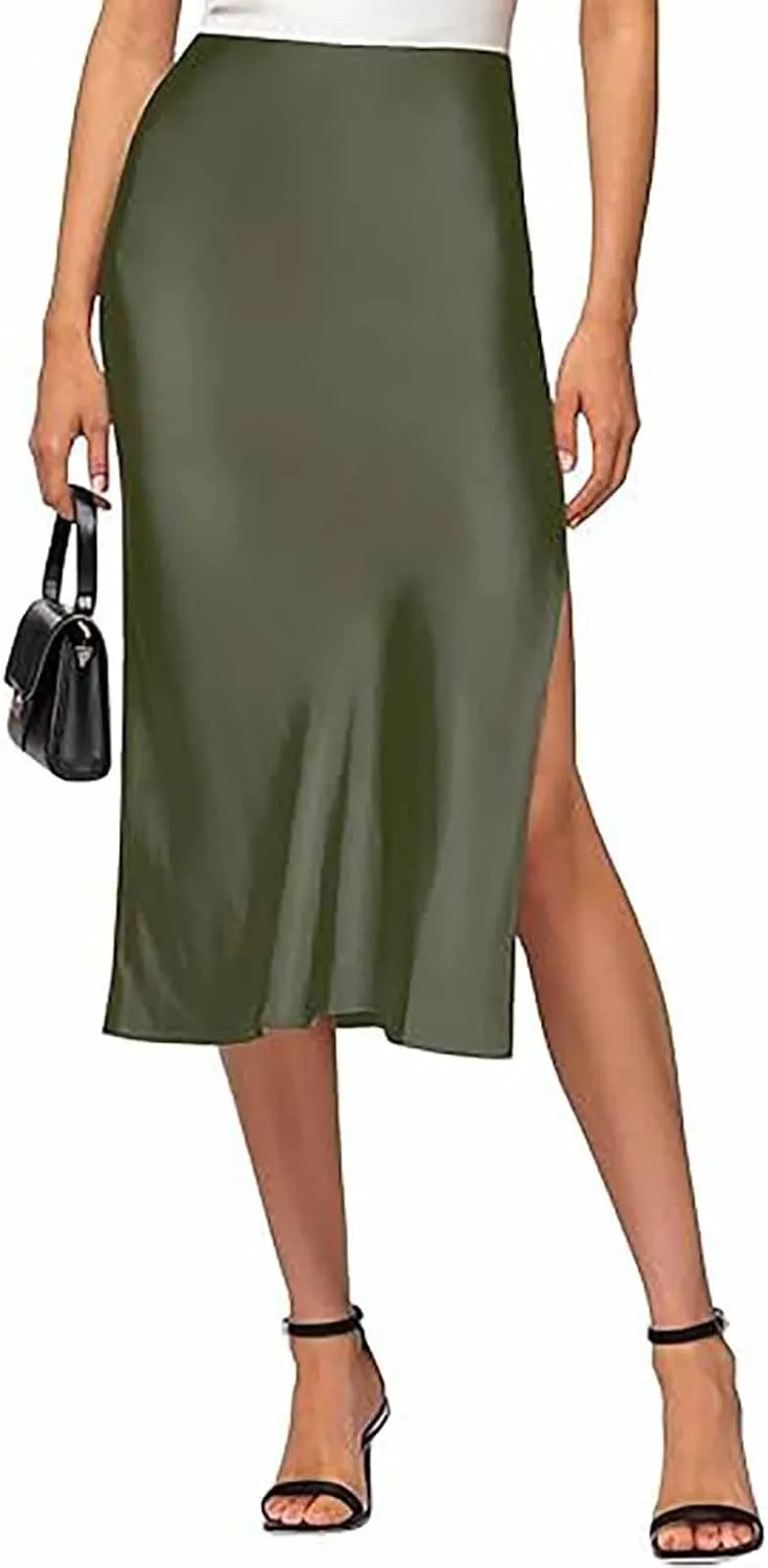 Womens Satin Silk High Waist Slit Midi Skirt Elastic Waistband Midi Skirts Elegant and Handsome Half