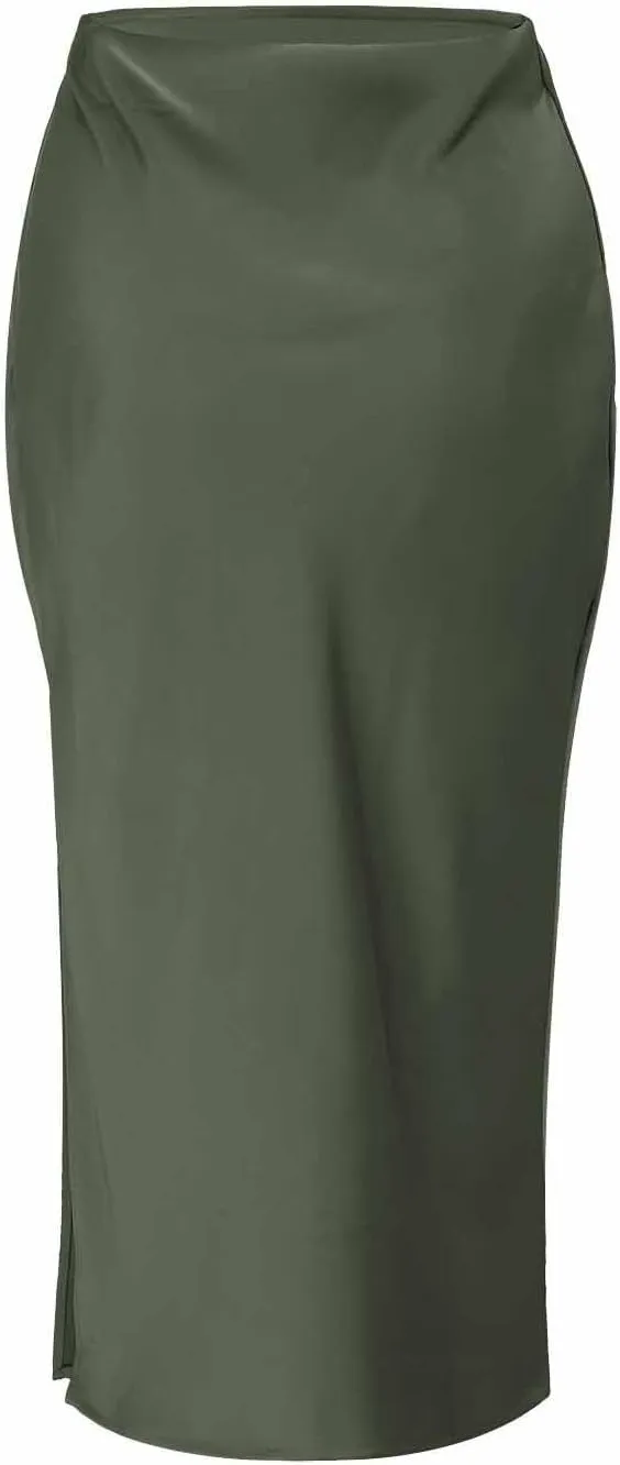 Womens Satin Silk High Waist Slit Midi Skirt Elastic Waistband Midi Skirts Elegant and Handsome Half