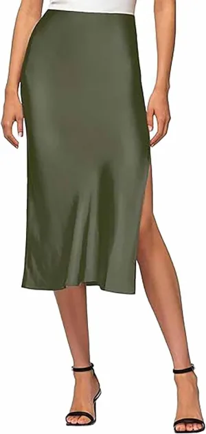 Womens Satin Silk High Waist Slit Midi Skirt Elastic Waistband Midi Skirts Elegant and Handsome Half