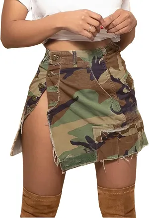 Women's Sexy Mini Skirts Camo Cargo Distressed Ripped Short Length Casual Skirt