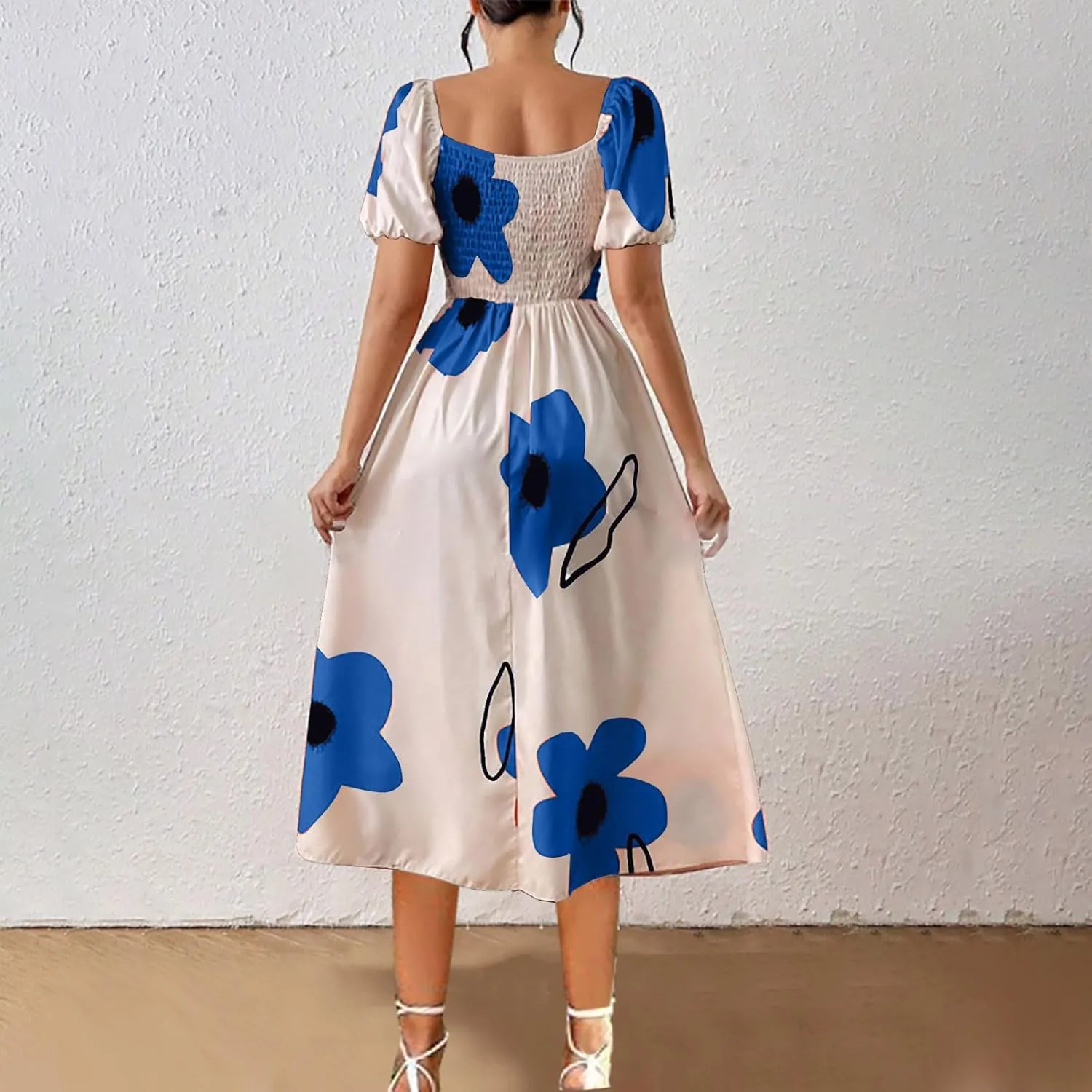 Womens Sexy Split Hem Bandeau Maxi Dresses Puff Sleeves Off-Shoulder Cocktail Party Floral Dress Beach Sundress