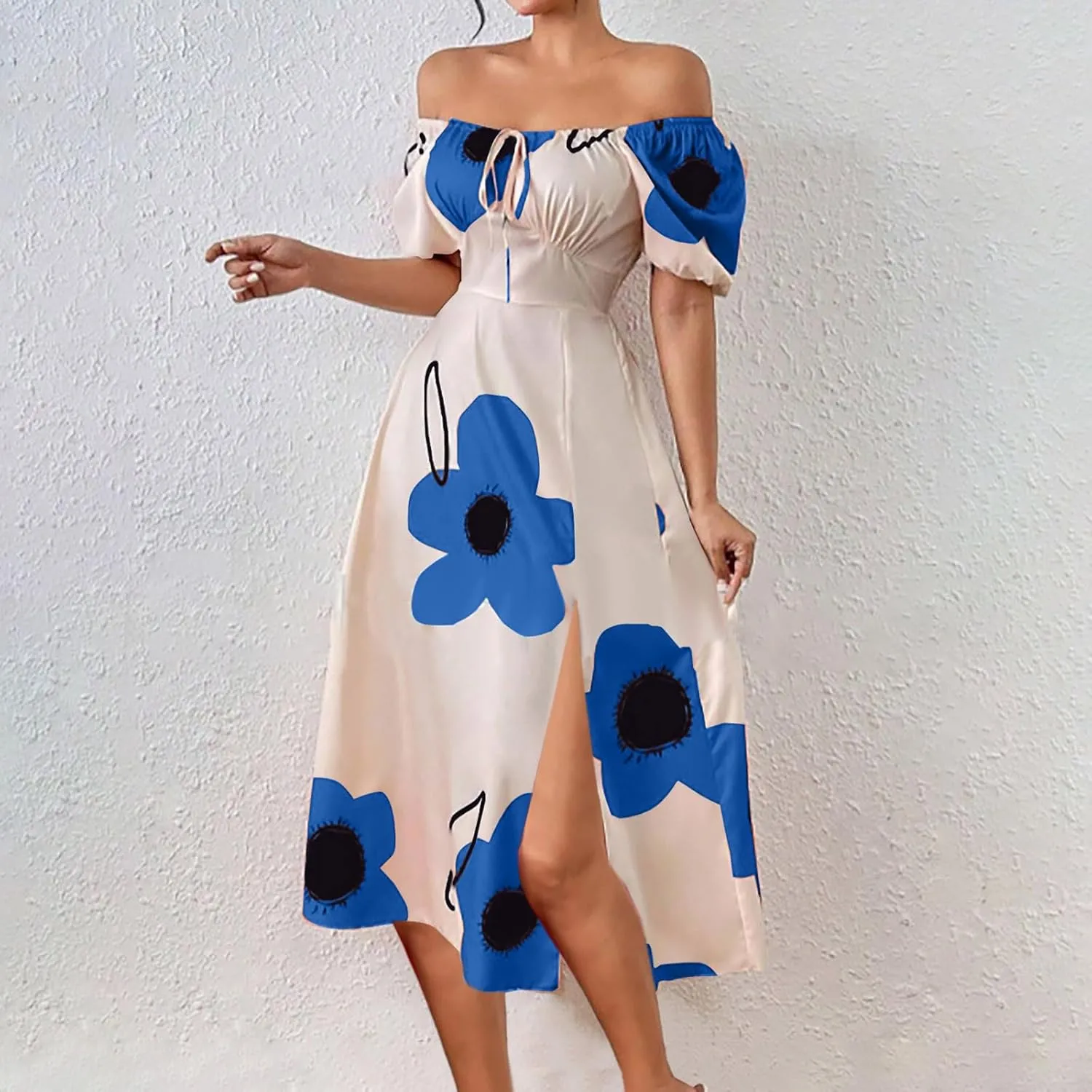 Womens Sexy Split Hem Bandeau Maxi Dresses Puff Sleeves Off-Shoulder Cocktail Party Floral Dress Beach Sundress