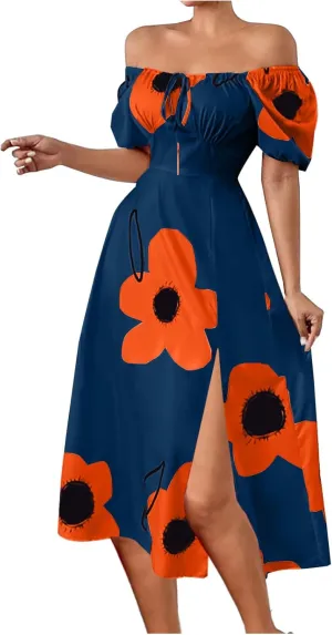 Womens Sexy Split Hem Bandeau Maxi Dresses Puff Sleeves Off-Shoulder Cocktail Party Floral Dress Beach Sundress