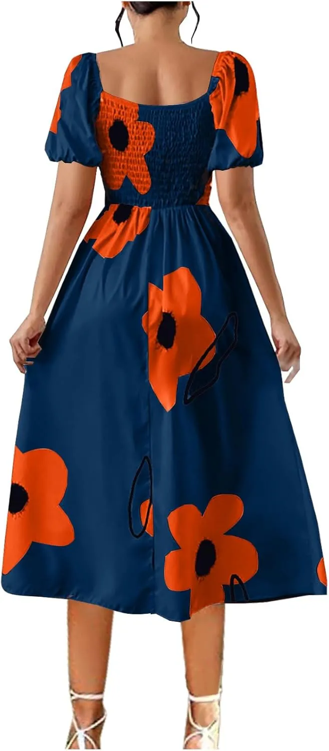 Womens Sexy Split Hem Bandeau Maxi Dresses Puff Sleeves Off-Shoulder Cocktail Party Floral Dress Beach Sundress