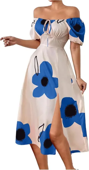 Womens Sexy Split Hem Bandeau Maxi Dresses Puff Sleeves Off-Shoulder Cocktail Party Floral Dress Beach Sundress