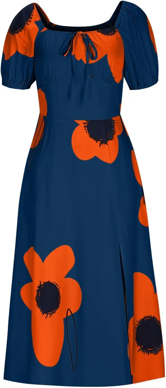 Womens Sexy Split Hem Bandeau Maxi Dresses Puff Sleeves Off-Shoulder Cocktail Party Floral Dress Beach Sundress