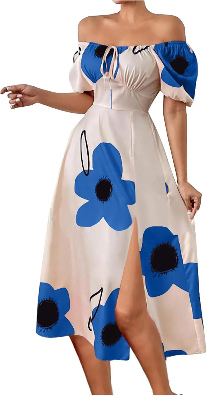 Womens Sexy Split Hem Bandeau Maxi Dresses Puff Sleeves Off-Shoulder Cocktail Party Floral Dress Beach Sundress
