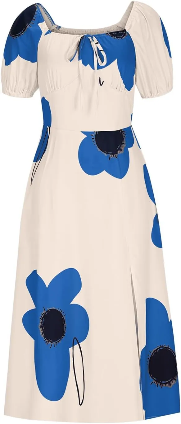 Womens Sexy Split Hem Bandeau Maxi Dresses Puff Sleeves Off-Shoulder Cocktail Party Floral Dress Beach Sundress