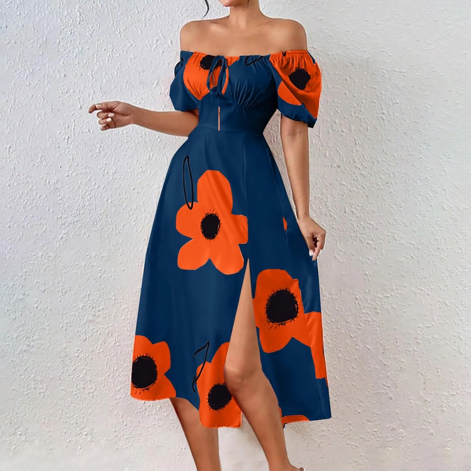 Womens Sexy Split Hem Bandeau Maxi Dresses Puff Sleeves Off-Shoulder Cocktail Party Floral Dress Beach Sundress