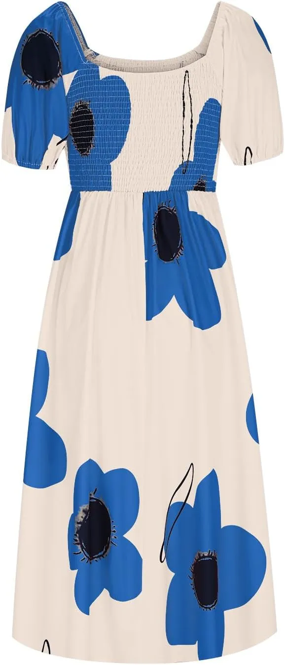 Womens Sexy Split Hem Bandeau Maxi Dresses Puff Sleeves Off-Shoulder Cocktail Party Floral Dress Beach Sundress
