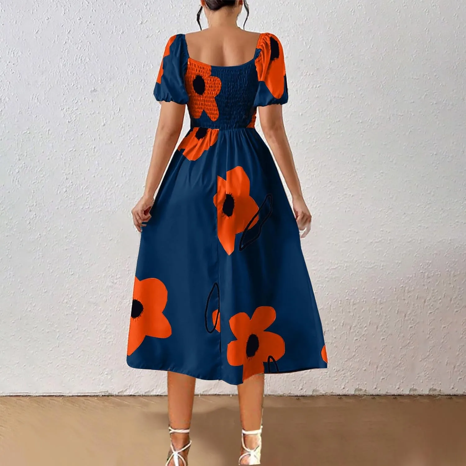 Womens Sexy Split Hem Bandeau Maxi Dresses Puff Sleeves Off-Shoulder Cocktail Party Floral Dress Beach Sundress