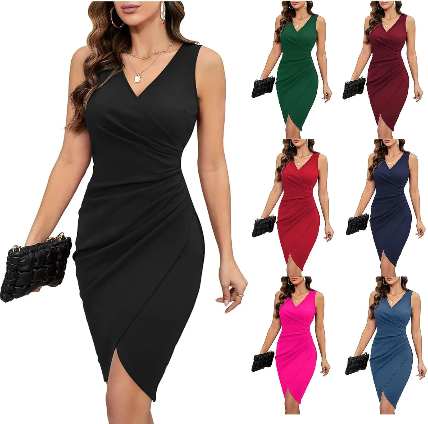 Womens Sexy V Neck Bodycon Dress Sleeveless Ruched Tulip Slim Wrap Midi Dress Party Cocktail Formal Work Dress