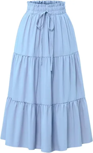 Women's Skirts 2025 Solid Lightweight Ruched Tiered Flare Swing Midi Skirt, S-XL