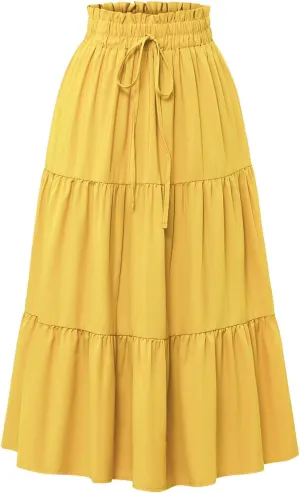 Women's Skirts 2025 Solid Lightweight Ruched Tiered Flare Swing Midi Skirt, S-XL
