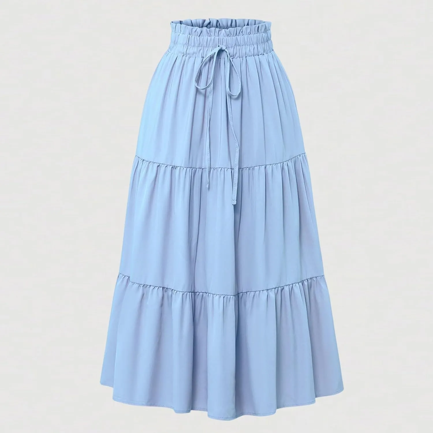 Women's Skirts 2025 Solid Lightweight Ruched Tiered Flare Swing Midi Skirt, S-XL