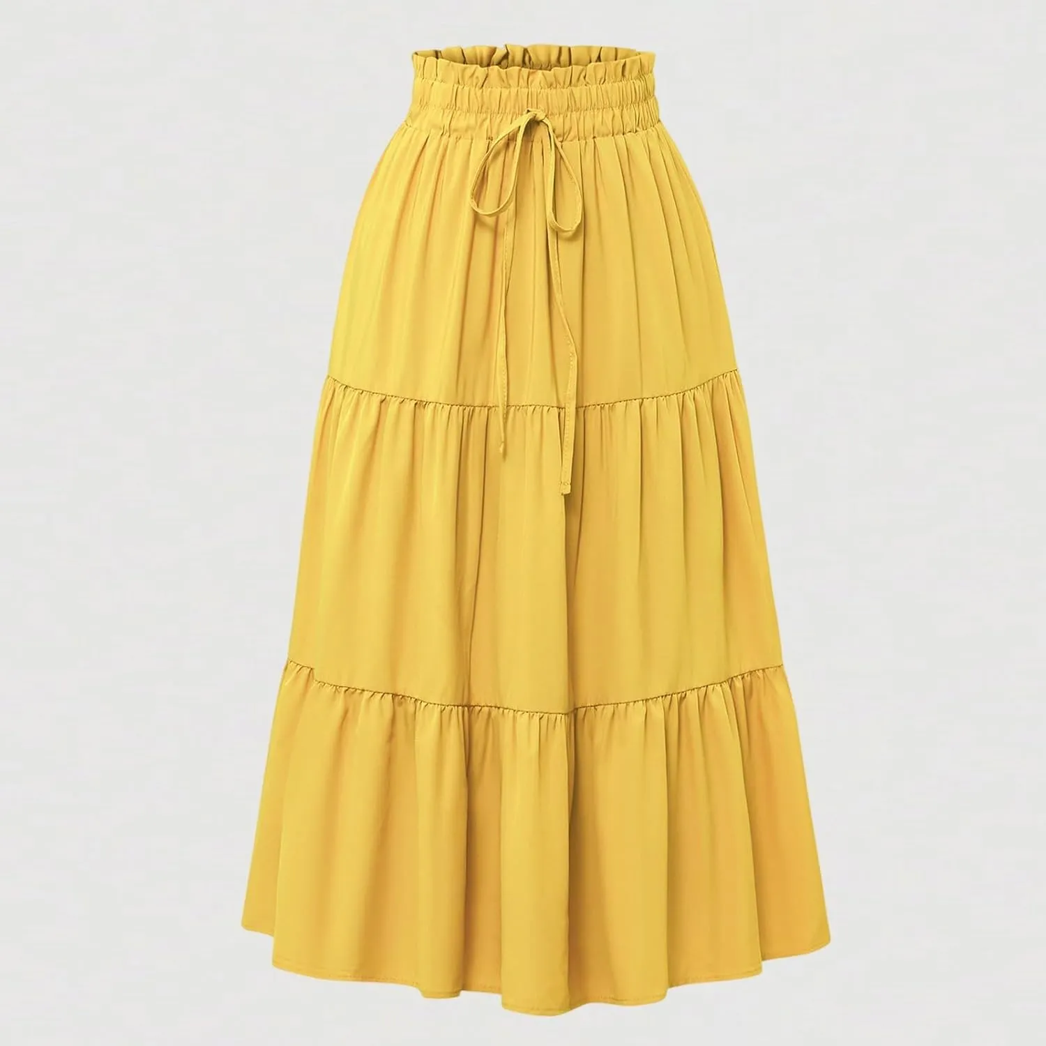 Women's Skirts 2025 Solid Lightweight Ruched Tiered Flare Swing Midi Skirt, S-XL