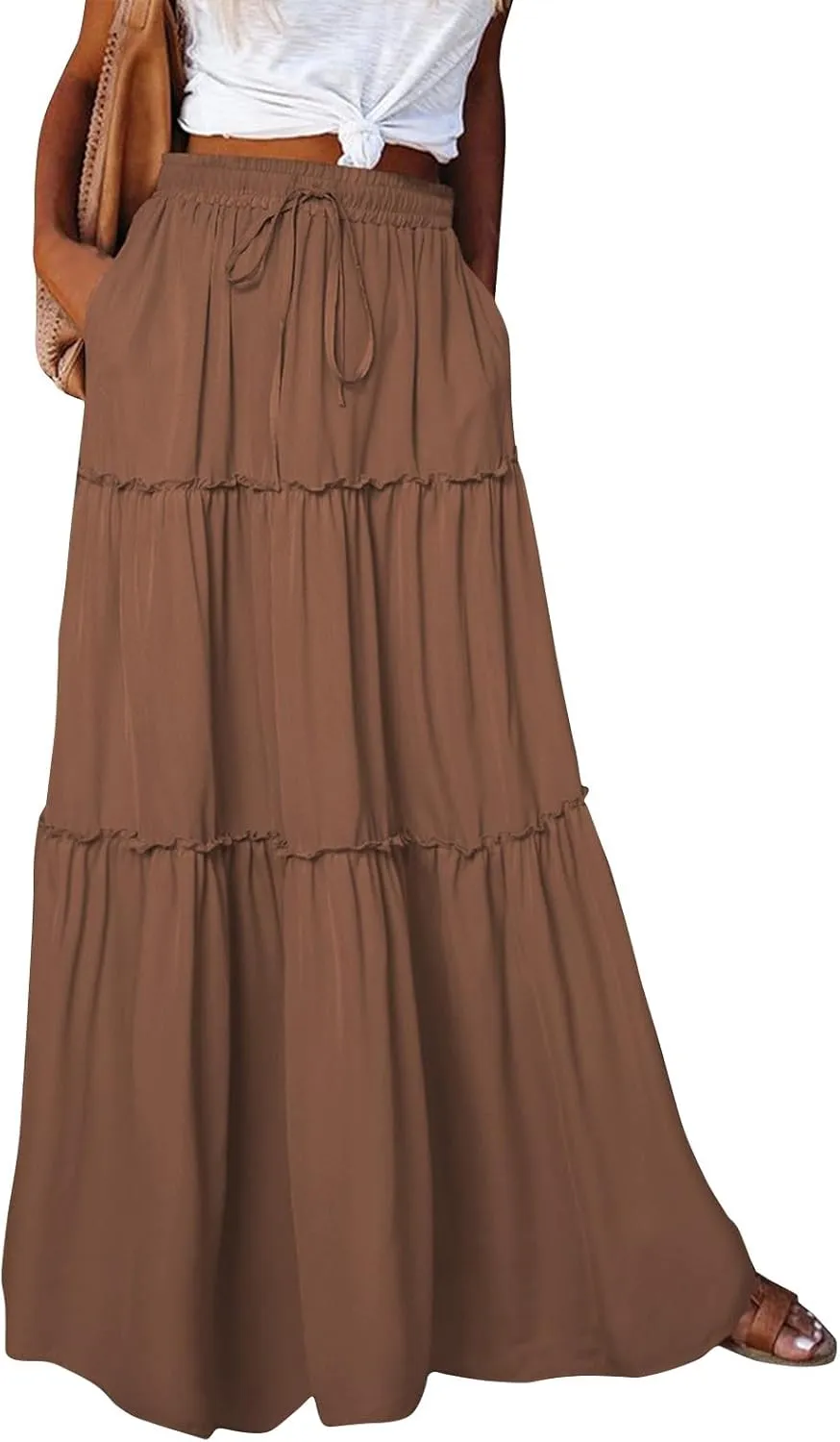 Women's Skirts Casual Summer Elastic High Waisted Flowy A Line Long Skirts Trendy Pleated Plus Size Maxi Skirts with Pockets