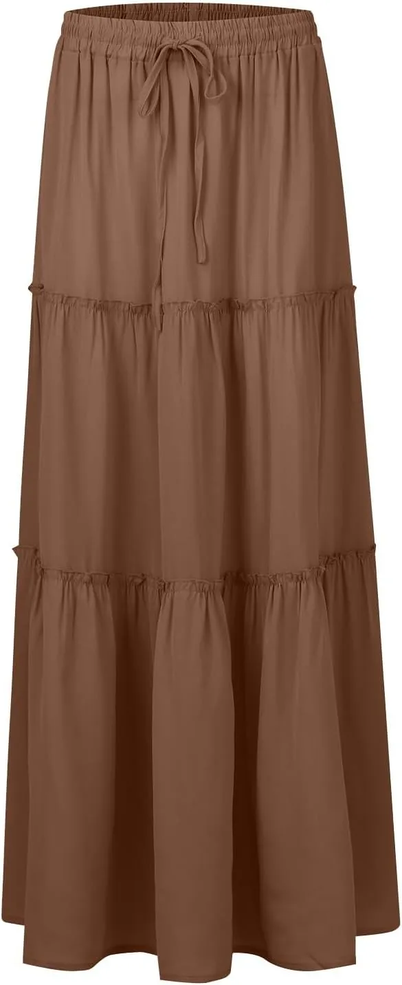 Women's Skirts Casual Summer Elastic High Waisted Flowy A Line Long Skirts Trendy Pleated Plus Size Maxi Skirts with Pockets