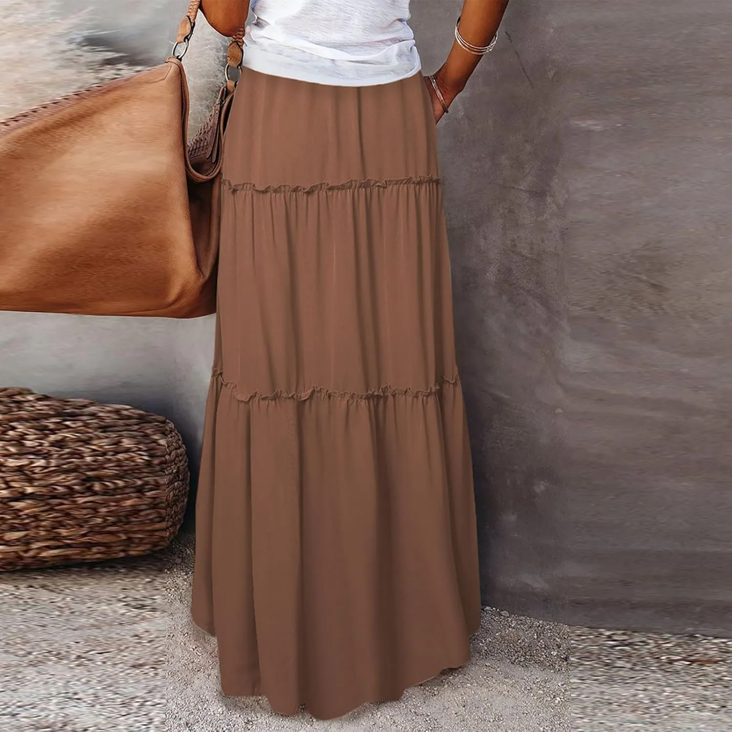 Women's Skirts Casual Summer Elastic High Waisted Flowy A Line Long Skirts Trendy Pleated Plus Size Maxi Skirts with Pockets
